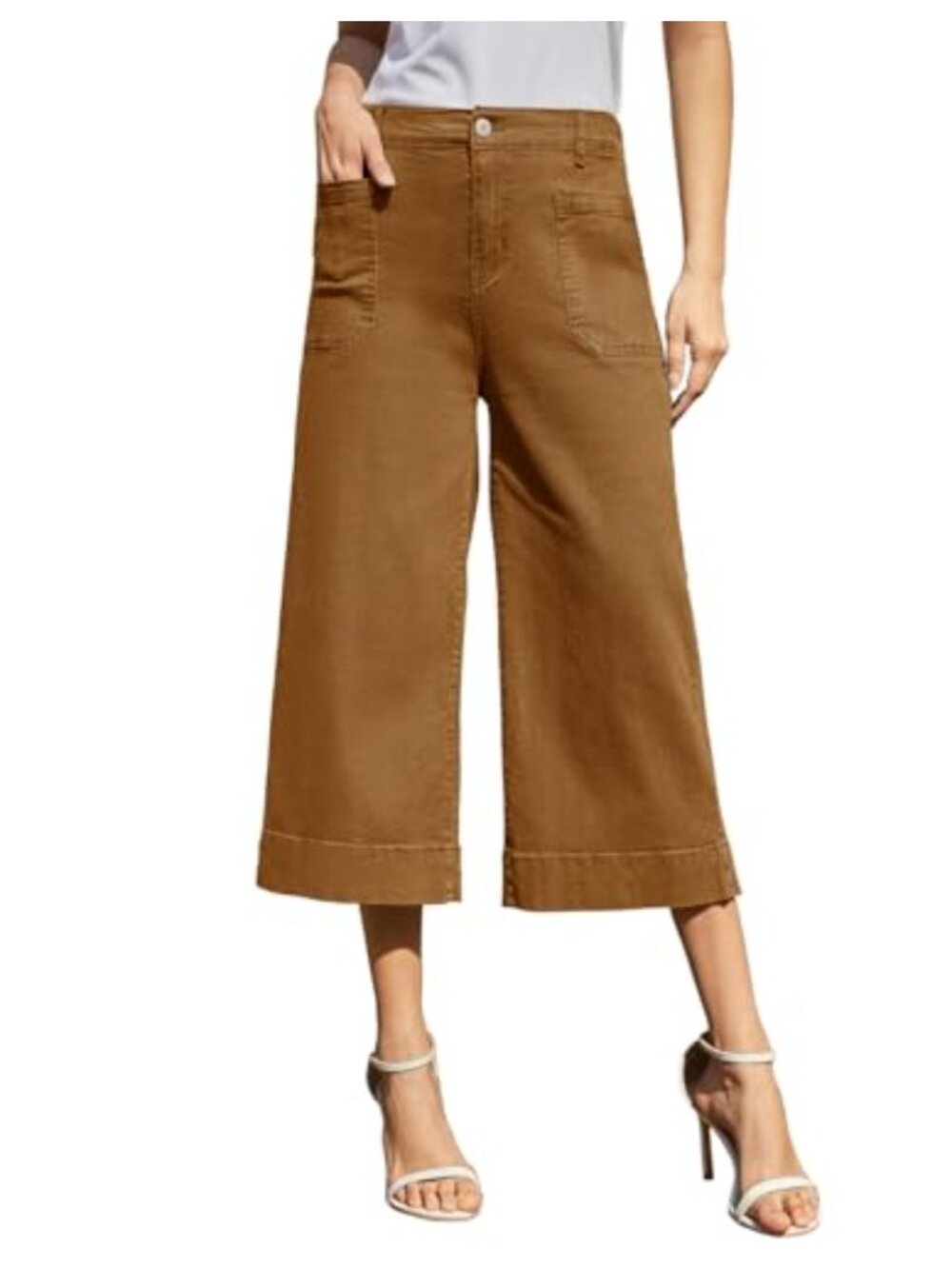 Stretchy Wide Leg Capri Jeans for Women, High Waisted Cropped Casual Pants